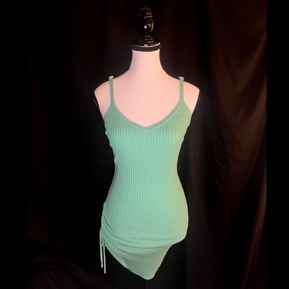 Mint Ribbed Bodycon Mini Dress | Adjustable Side Ruched | Size M - Picture 2 of 7